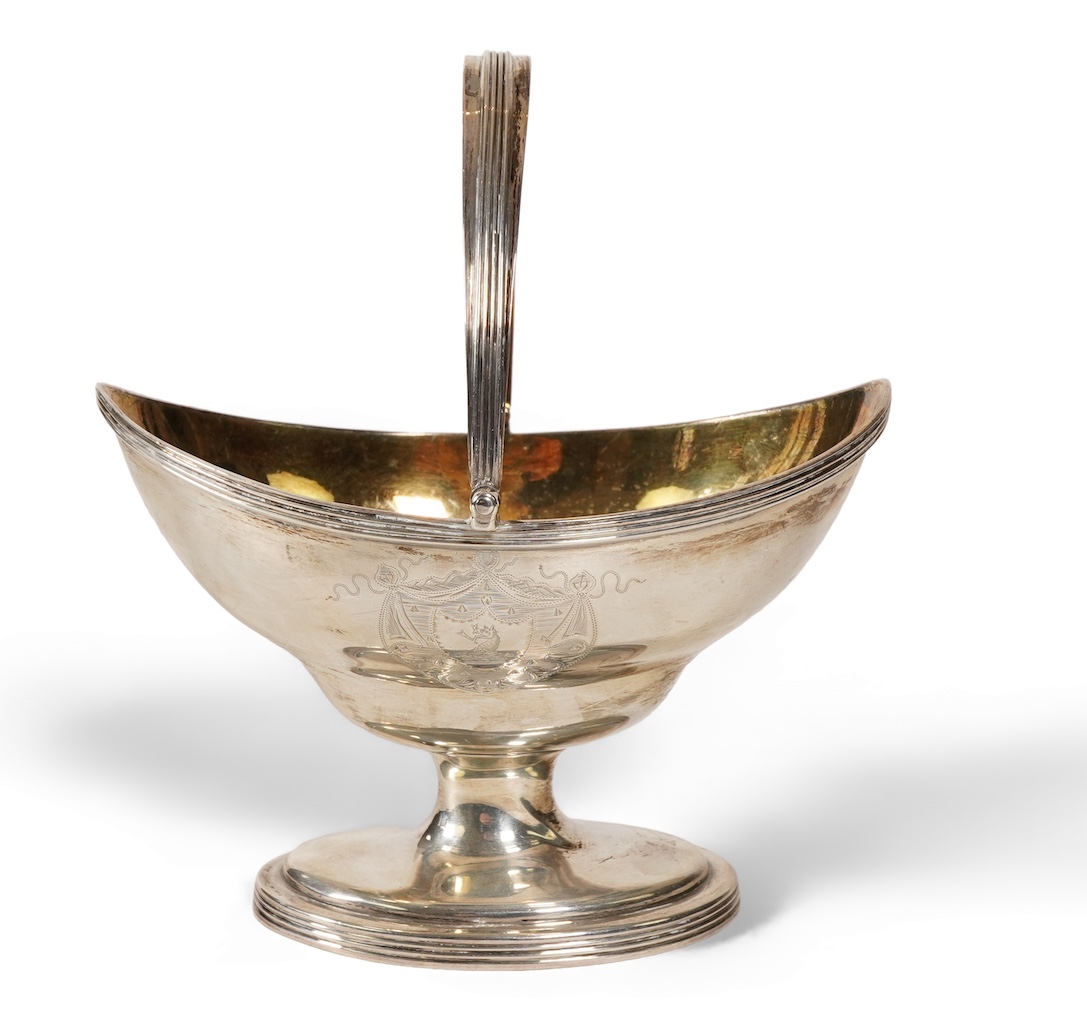 A George III silver boat shaped pedestal sugar basket, by Peter & Ann Bateman